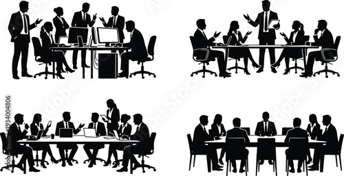 Business people meeting silhouettes set showing corporate team discussion presentation and conference table collaboration scenes