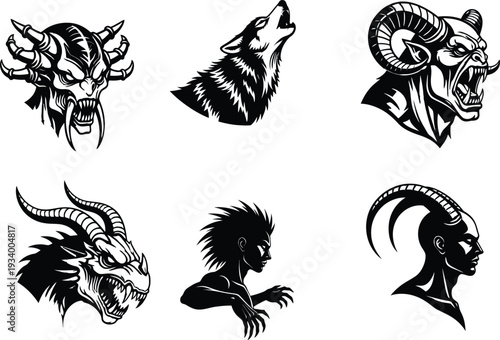 Mythical Beasts: A collection of various mythical creatures with detailed illustrations, showcasing their unique features and commanding presence. 