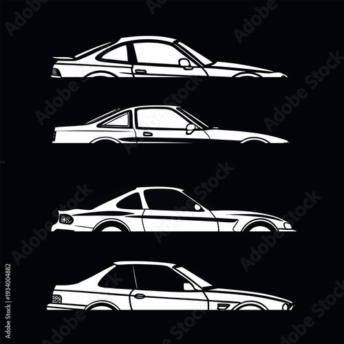 Black and white car silhouette vector illustration set featuring auto, SUV, truck, taxi, and sport vehicle designs for transportation logo collection.