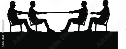 Flat vector, of four men sitting on benches playing tug of war with a rope isolated on white background silhouette (20 words)