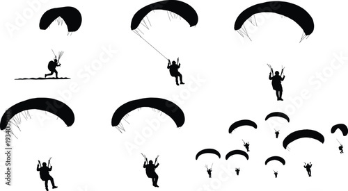 Silhouettes of Paragliders and Parachutes in Flight, Vector Illustrations of Extreme Sport Athletes in the Sky on White Background