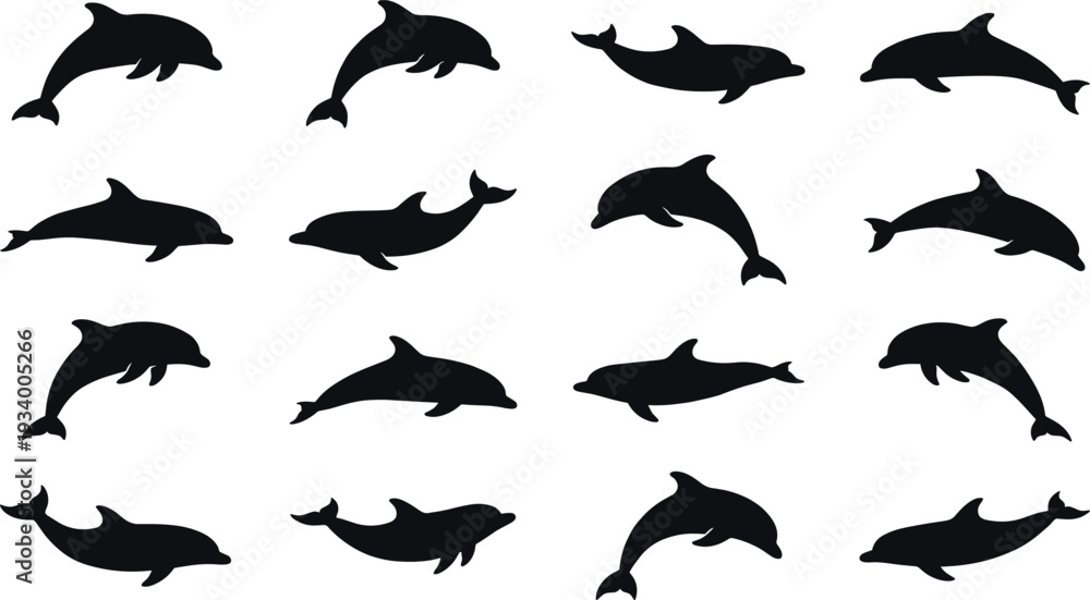 Obraz premium Collection of sixteen dolphin silhouettes arranged in grid layout showcasing diverse swimming and jumping poses, playful marine animal movements, and aquatic design elements in vector illustration