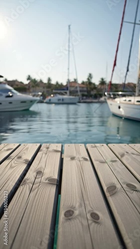 close-up of a wooden pier, with yachts and the sea in the background