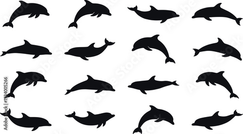 Collection of sixteen dolphin silhouettes arranged in grid layout showcasing diverse swimming and jumping poses, playful marine animal movements, and aquatic design elements in vector illustration