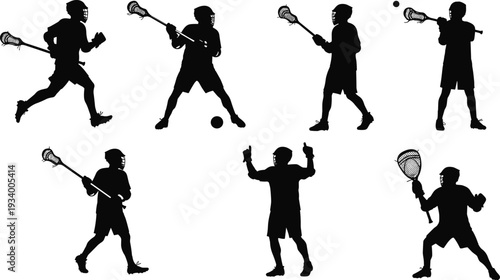 Silhouettes of dynamic lacrosse players in various action poses, including running, passing, and celebrating, a vector illustration for sports and competition