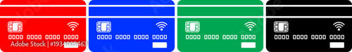 A set of four colorful credit card icons with chip and wifi on a transparent checkered background