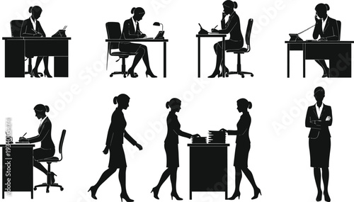 Silhouettes of female business professionals and office workers in various actions and poses, vector illustration on white background, business woman