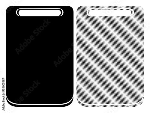 Two contrasting cutting boards, one solid black and the other with a silver striped texture, side by side.