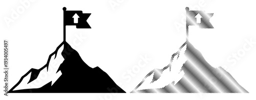 Flag on mountain peak symbolizes achievement and reaching goals