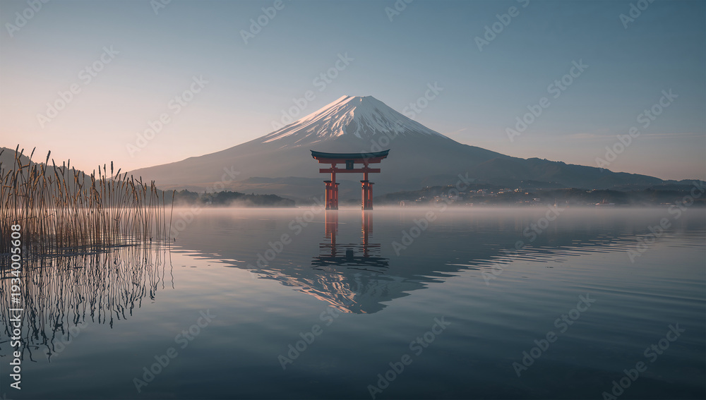 Naklejka premium 水面すれすれの視点で鳥居と富士の対称美を強調