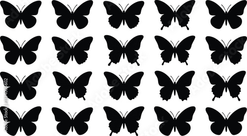 Collection of butterfly silhouettes in diverse wing shapes and body structures, perfect for nature illustrations, insect artwork, entomology designs, and educational vector graphics