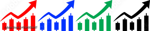Stock market candlestick charts with upward arrows in four color variations for trading presentations