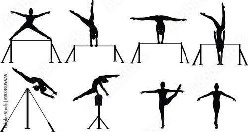 Silhouettes of female gymnasts in various dynamic poses on bars and balance beams, including handstands and flips, for sports and fitness design
