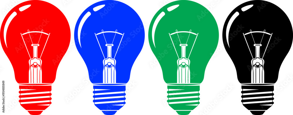 Fototapeta premium Classic light bulbs in red, blue, green, and black symbolizing ideas and innovation
