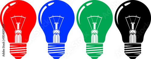 Classic light bulbs in red, blue, green, and black symbolizing ideas and innovation