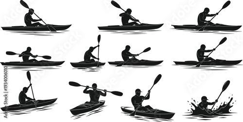 Silhouettes of Kayakers and Paddlers, Vector Illustrations of Men in Kayaks with Oars, for Sports and Outdoor Water Activities