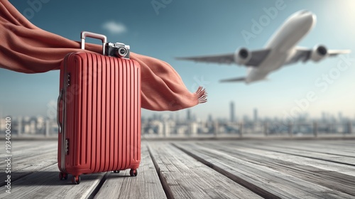 A suitcase on the rooftop, an airplane flying in the sky, city skyline view, a travel camera, a scarf flowing gently, stylish editorial travel campaign. 