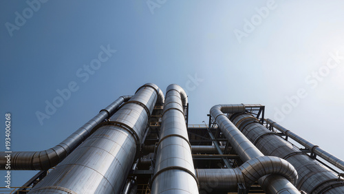 Tall metal columns and pipelines against blue sky. Ideal for energy, refinery, industrial construction or corporate website use.
