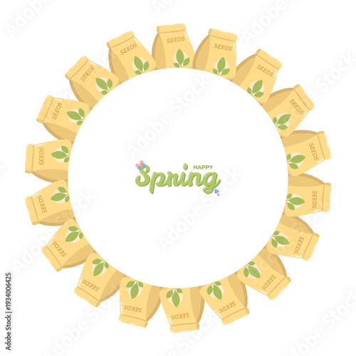 Circular arrangement of seed packets labeled SEEDS with leaf design forming border around central text HAPPY Spring in playful green script, cheerful seasonal illustration for gardening and holiday