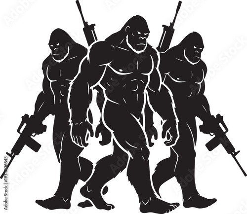Bigfoot warriors mysterious sasquatch armed with rifles in a stealthy formation