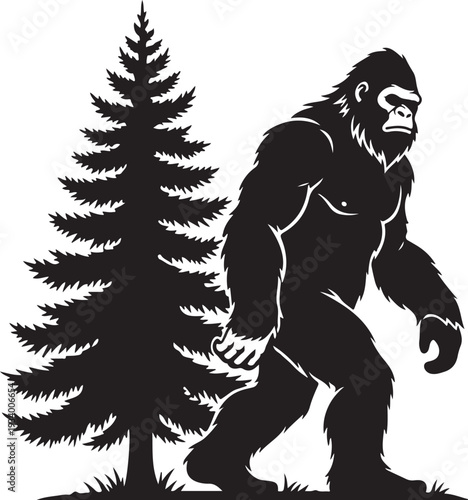 Bigfoot sasquatch walking next to a pine tree in forest wilderness area