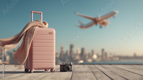 A suitcase on the rooftop, an airplane flying in the sky, city skyline view, a travel camera, a scarf flowing gently, stylish editorial travel campaign. 