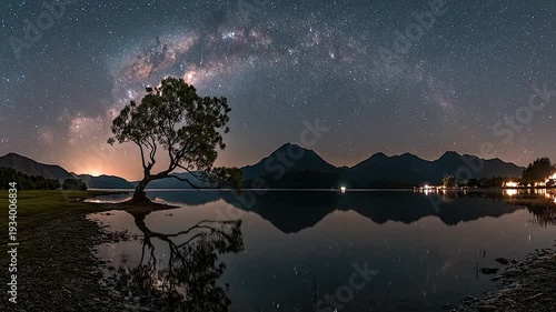A lone tree reflects in calm water under a starry night sky