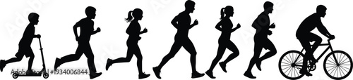 Silhouettes of people in motion, running and cycling figures, active lifestyle vector illustration, fitness and sports design set