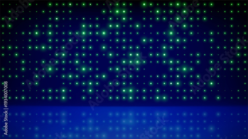 Flashing background led wall lights, stage. Blue green glowing dots abstract background. Tech inspired abstract backdrop. Bright flicker stage lights. Futuristic blue dot pattern. Vector illustration