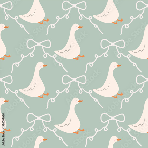 Seamless repeating pattern with cute white geese decorated with hand drawn ribbon bows on soft sage green background. Perfect for nursery decor, baby textiles, children clothing, wrapping paper,
