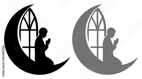 Person in silhouette praying under crescent moon with arched window