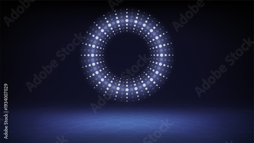 Futuristic technology stage, dim blue background. Round dotted led, neon glow. Abstract background for displaying products, presentation, advertising. Tech blue backdrop. Showcase. Vector