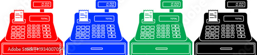 Cash registers in red blue green and black colors on transparent background for sale