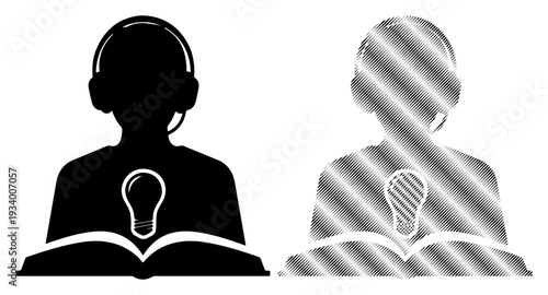 Silhouette of person with headphones and open book symbolizing knowledge and learning