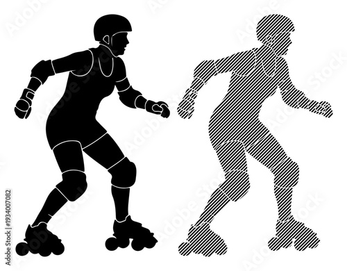 Dynamic roller derby athlete in motion, depicted in silhouette and halftone style