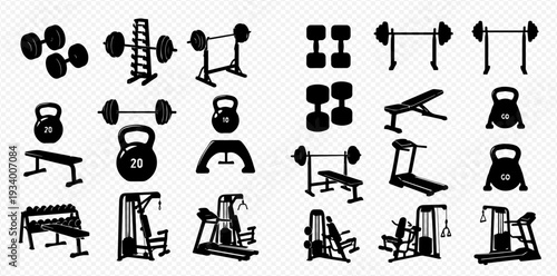 Collection of gym equipment silhouettes including dumbbells, barbells, kettlebells, benches, and various exercise machines for fitness and workout designs.