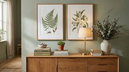 Wood Sideboard Cabinet Framed Botanical Fern Print Art Succulent Lamp Vase Eucalyptus Green Wall Zoom Virtual Meetings Backgrounds, Backdrop