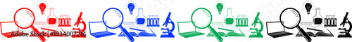 Education and science research icons in red blue green black on transparent