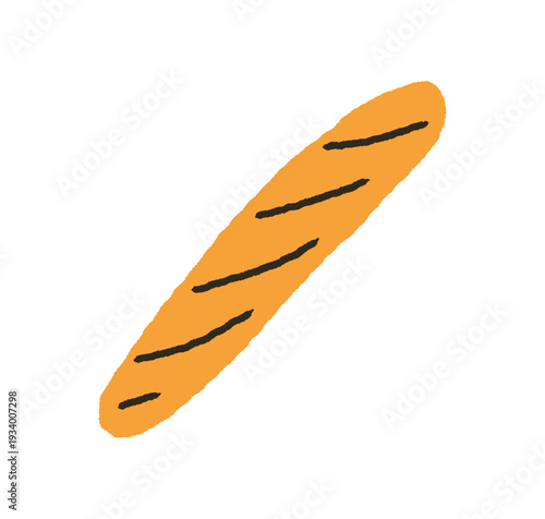 French baguette, long bread loaf. Wheat dough crust. Traditional fresh bakery icon. Hand-drawn baked food, breakfast snack. Flat vector illustration isolated on white background