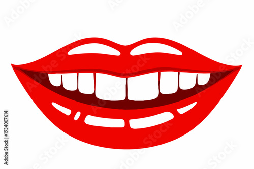 Wide grin of red lips showing teeth, bold flat vector on white. Ideal for smile concept, dental care promo, cosmetics branding, or playful pop art design.