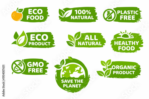 Eco certification badge set with green labels for plastic free, gmo free, all natural, organic product, and save the planet. Vector stamps for sustainable packaging design.