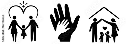 Minimal black and white vector icon set showing parents with child inside a heart, a hand holding a small hand, and a family under a roof with heart. Concept of care and home protection.