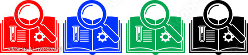 Set of four science book icons with magnifying glass, test tube, gear, red, blue, green, black