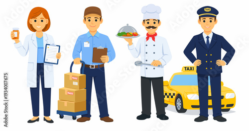Flat vector set of professional characters: female doctor with medicine and clipboard, delivery man with boxes, chef with food tray, and taxi driver with car, isolated on white.