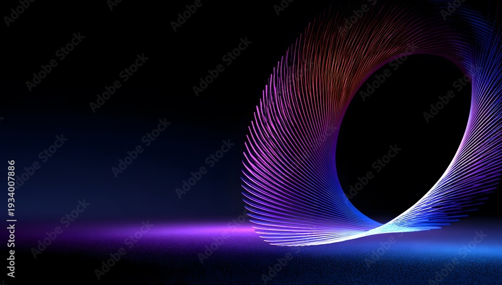 Obraz premium Luminous circular spiral of thin neon lines on dark background with violet and blue floor lighting for futuristic technology concepts cinematic visuals or high energy electronic music events