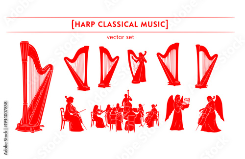 Harp Classical Music Vector Set - Black Silhouette Illustrations, String Instrument Graphics, Harp Icons, Classical Orchestra Design Elements