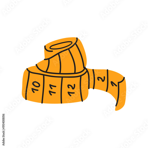 Yellow tailor measuring tape in cartoon doodle style. Sewing and fitness tool isolated on white background