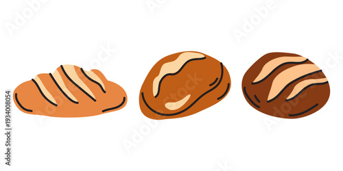 Bakery set with various types of fresh bread in cartoon groovy style. Hand drawn vector bakery illustration for stickers, labels, bakery branding and menu