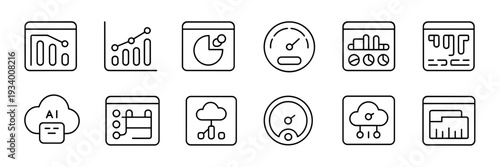 Outline style metrics and cloud computing icons – Perfect for cloud infrastructure, data science, or mobile app UI.