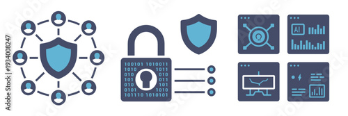 Digital encryption and AI network safety icons – Suitable for privacy apps, blockchain tech, or secure communication.